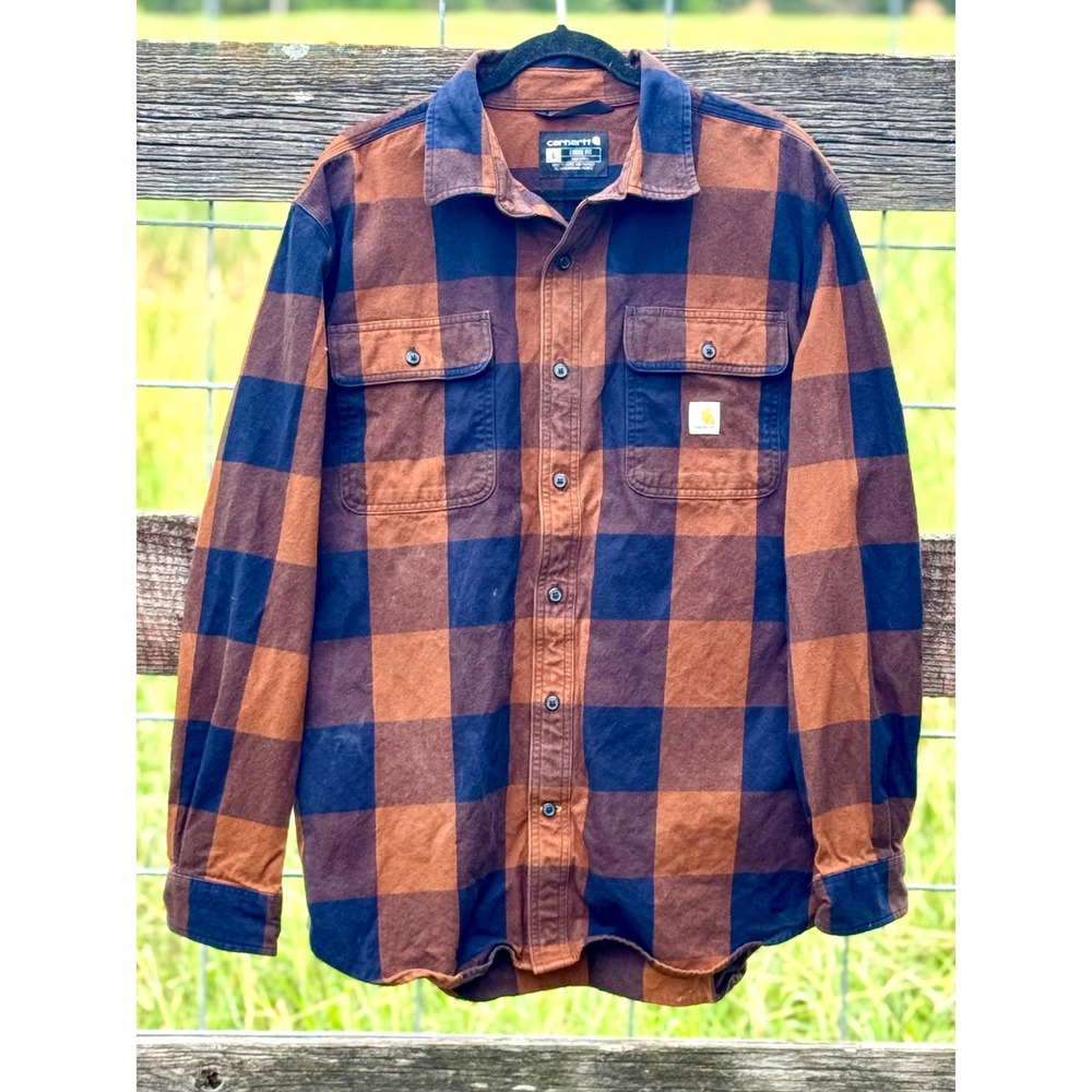 Carhartt Mens Loose Fit Flannel Plaid‎ Button Down Shirt TW4451-M Orange Navy L